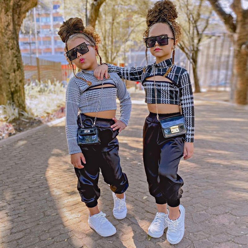 Girls' 2Pieces Pants Set Houndstooth Pattern Plaid Comfortable Clothing- Black