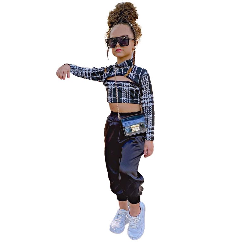 Girls' 2Pieces Pants Set Houndstooth Pattern Plaid Comfortable Clothing- Black