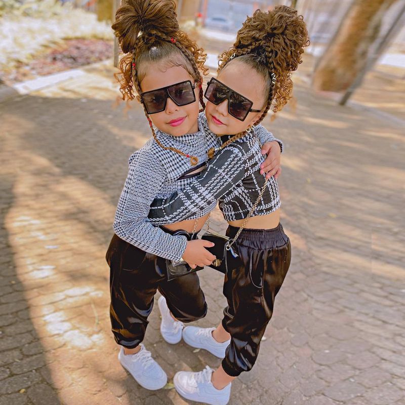 Girls' 2Pieces Pants Set Houndstooth Pattern Plaid Comfortable Clothing- Black