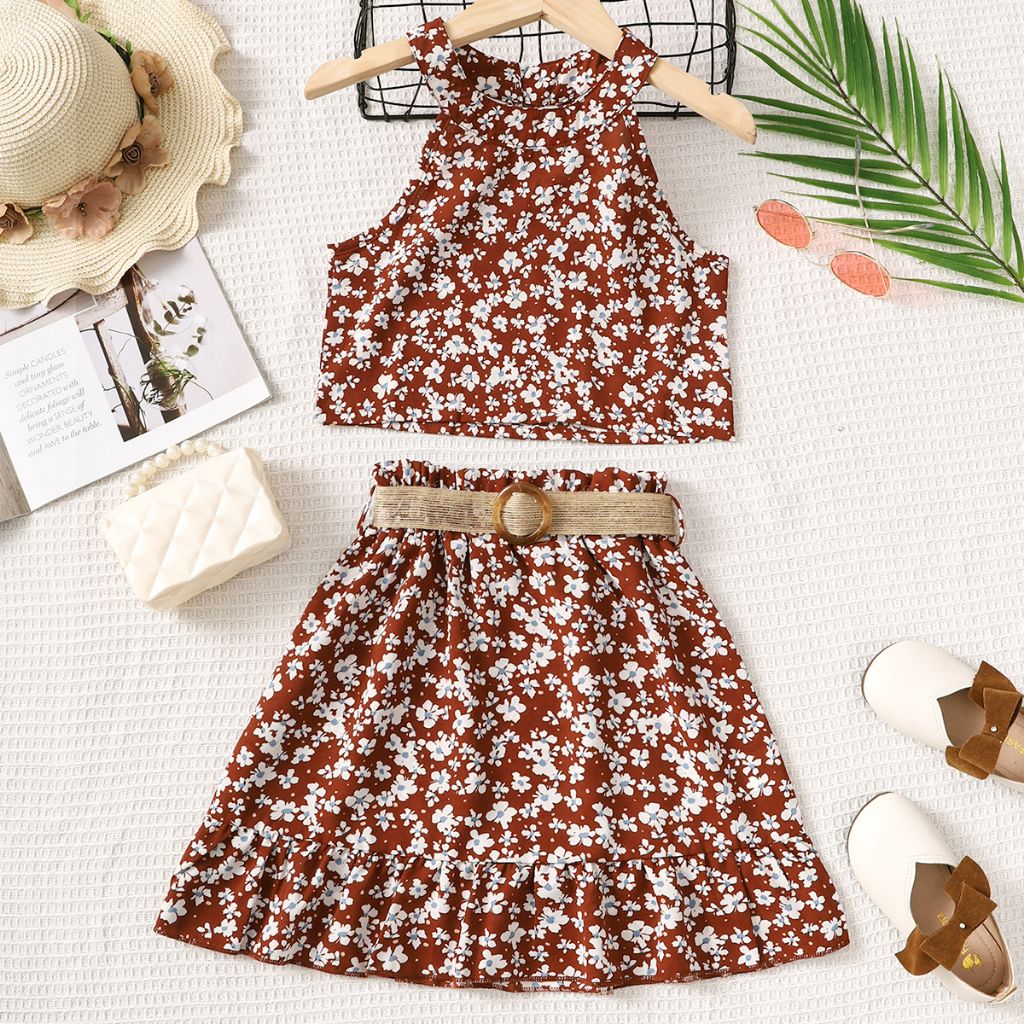 Kids Girl Floral Sleeveless Top With Skirt