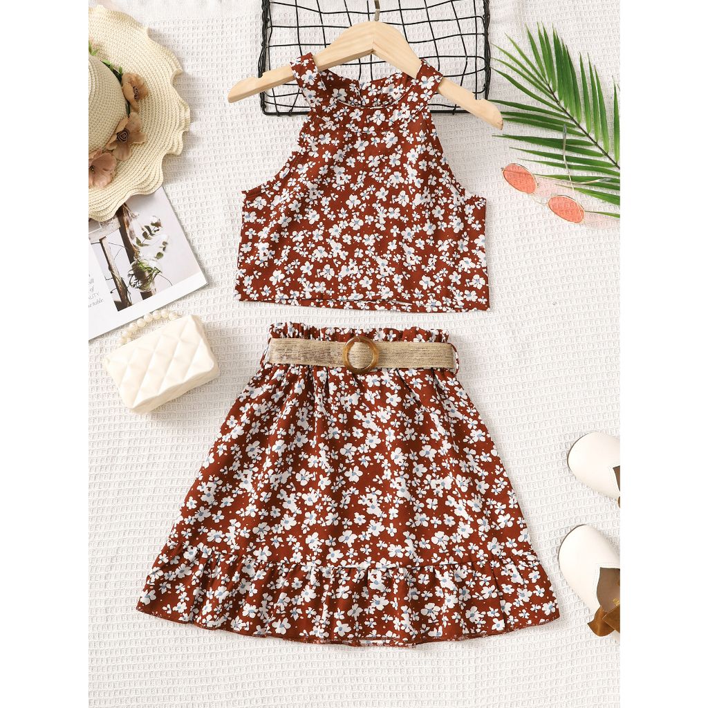 Kids Girl Floral Sleeveless Top With Skirt