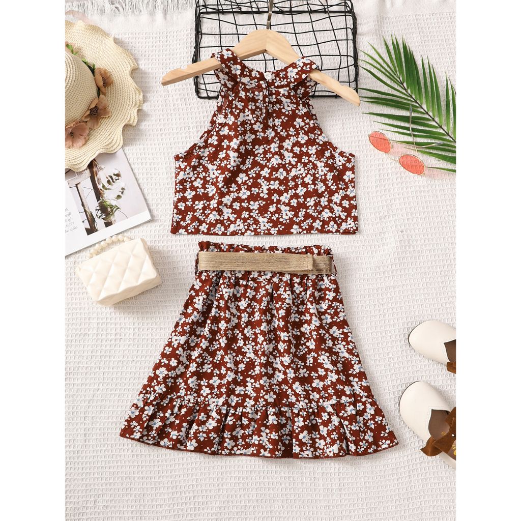 Kids Girl Floral Sleeveless Top With Skirt