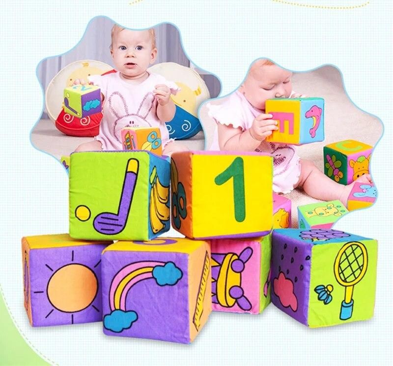 6pcs Plush Baby Mobile Cube Toys Baby Building Blocks Rattles Early Learning Infant Newborn Baby Educational Toys 0-12 Months