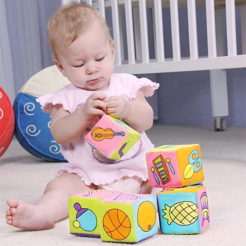 6pcs Plush Baby Mobile Cube Toys Baby Building Blocks Rattles Early Learning Infant Newborn Baby Educational Toys 0-12 Months