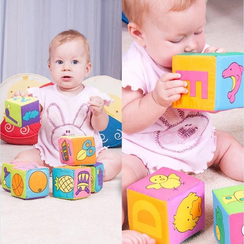 6pcs Plush Baby Mobile Cube Toys Baby Building Blocks Rattles Early Learning Infant Newborn Baby Educational Toys 0-12 Months