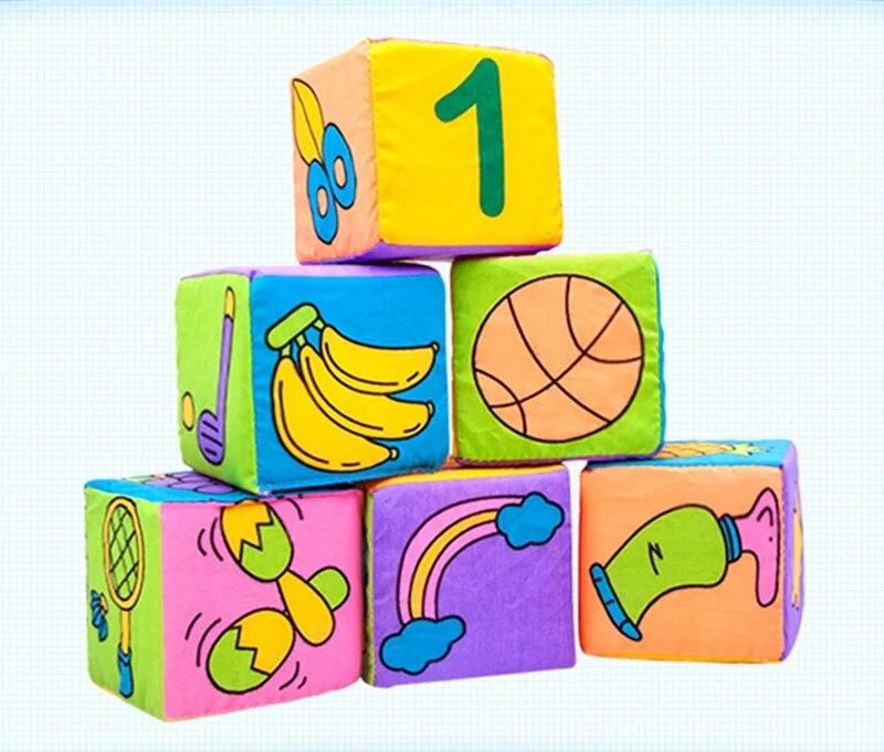 6pcs Plush Baby Mobile Cube Toys Baby Building Blocks Rattles Early Learning Infant Newborn Baby Educational Toys 0-12 Months
