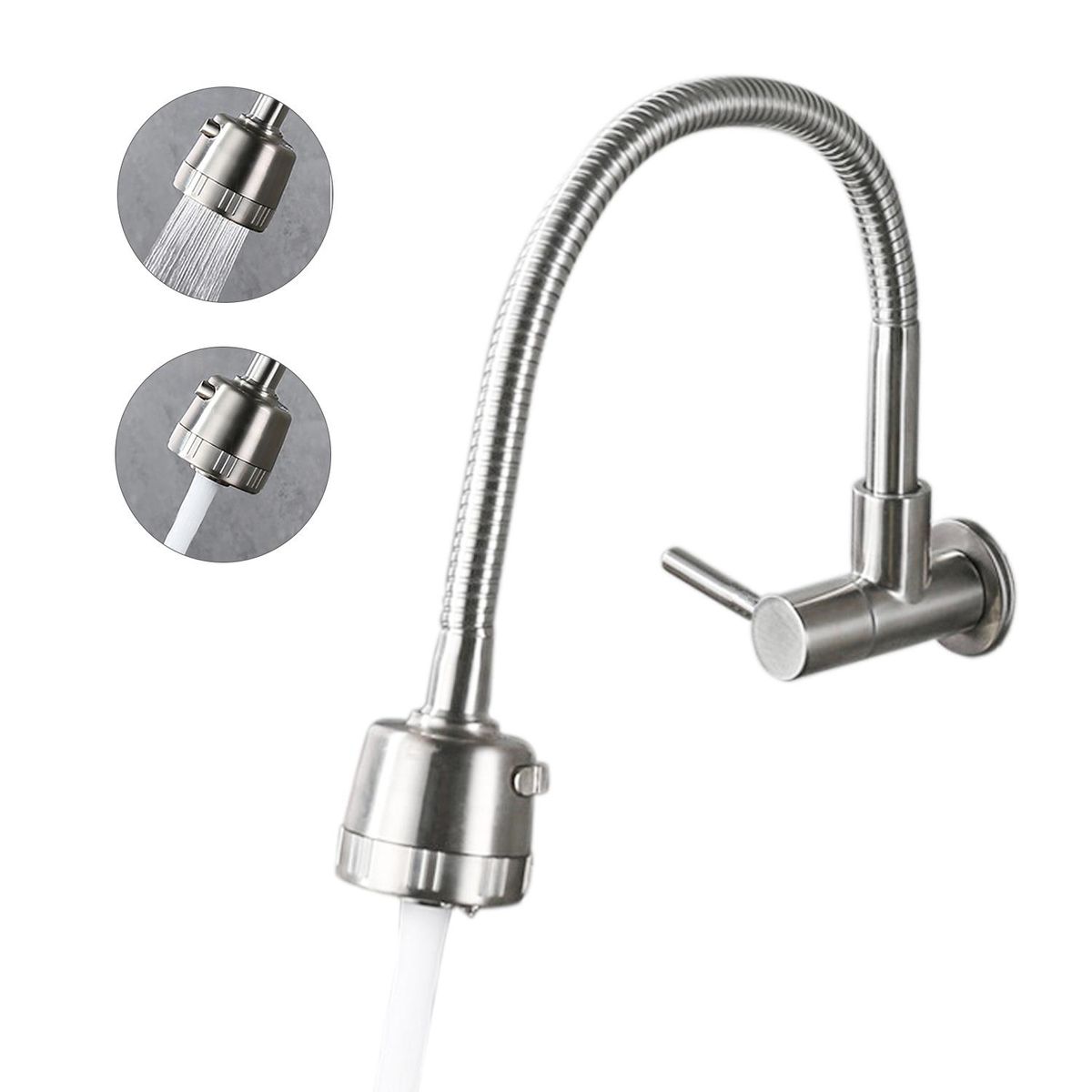 Wall-Mounted Kitchen Faucets 2 Water Modes High Arc Single Handle Bathroom Sink Faucets Stainless Steel Brushed Finished 360 Degree Rotatable Water Tap
