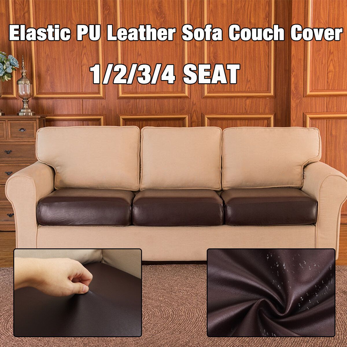 1-4 Seater Elastic PU Leather Waterproof Chair Sofa Cushion Cover Slipcover Protector Dark Coffee