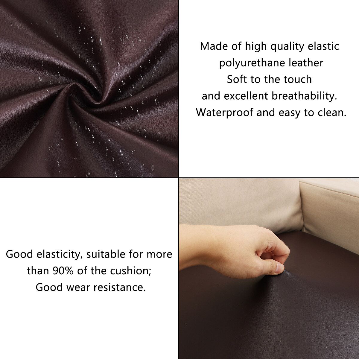 1-4 Seater Elastic PU Leather Waterproof Chair Sofa Cushion Cover Slipcover Protector Dark Coffee