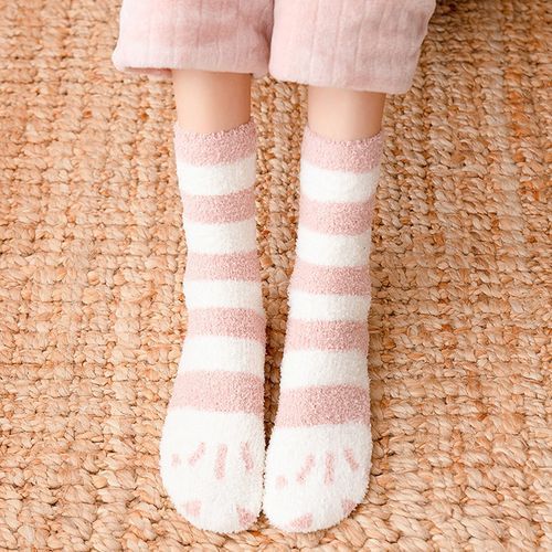Women Autumn Winter Coral Velvet Socks Cartoon Cat Paw Socks 5 Pairs