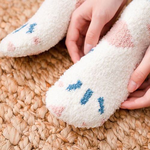 Women Autumn Winter Coral Velvet Socks Cartoon Cat Paw Socks 5 Pairs