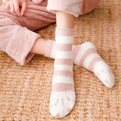 Women Autumn Winter Coral Velvet Socks Cartoon Cat Paw Socks 5 Pairs