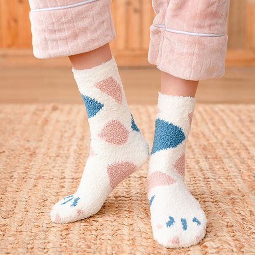 Women Autumn Winter Coral Velvet Socks Cartoon Cat Paw Socks 5 Pairs