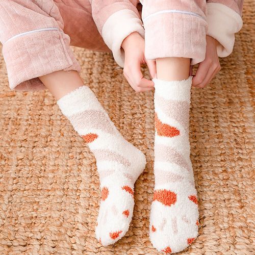 Women Autumn Winter Coral Velvet Socks Cartoon Cat Paw Socks 5 Pairs