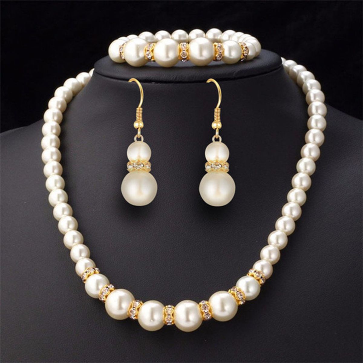 3Pcs Elegant Luxury Pearl Set Necklace Ear Wristlet For
