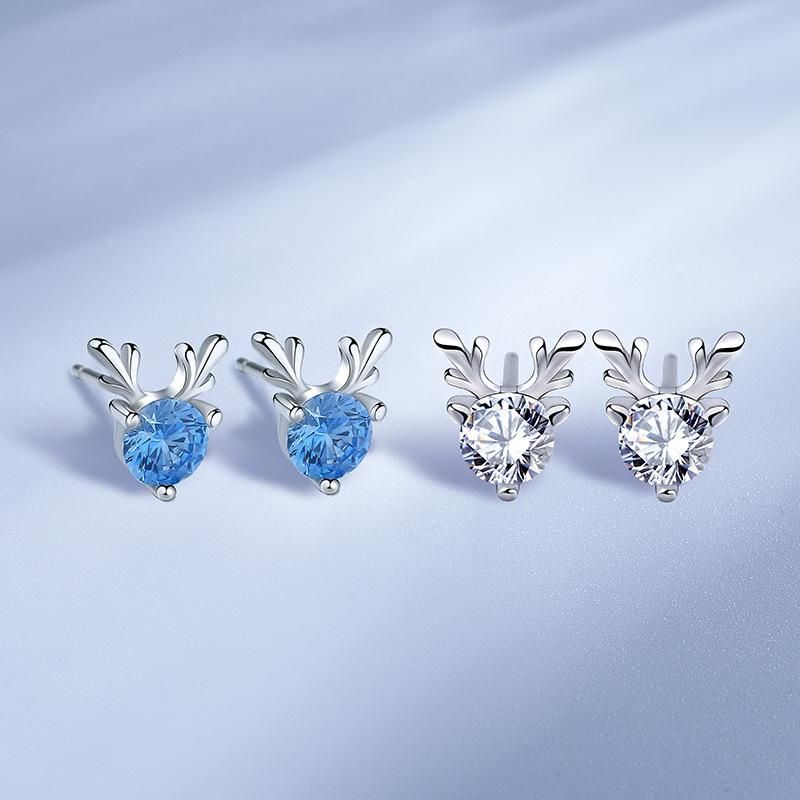 S999 Sterling Silver Deer Horn Blue Zirconia Earrings One Deer Has You Zircon Earstuds Female