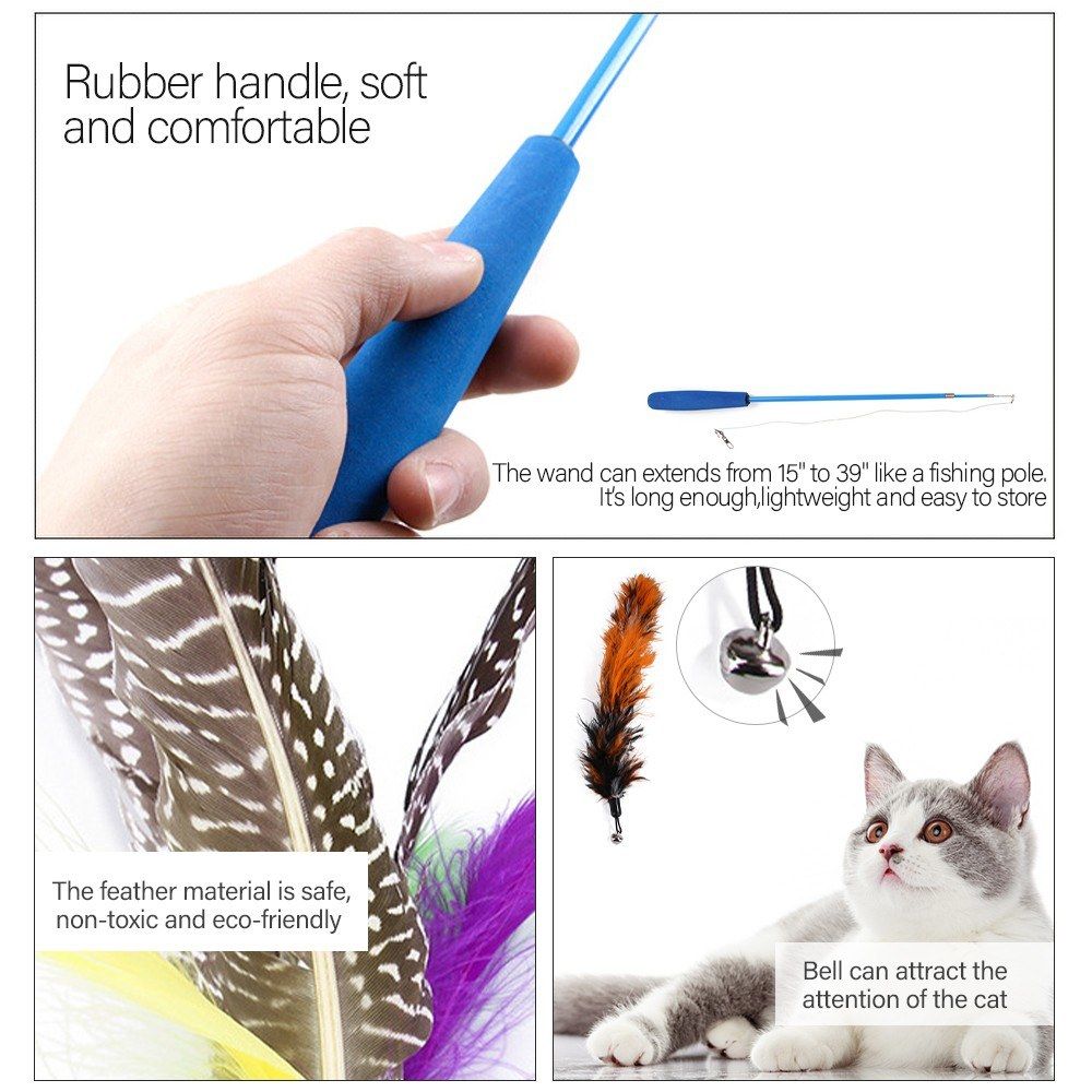 Cat Feather Rod Interactive Feather Teaser Retractable Cat