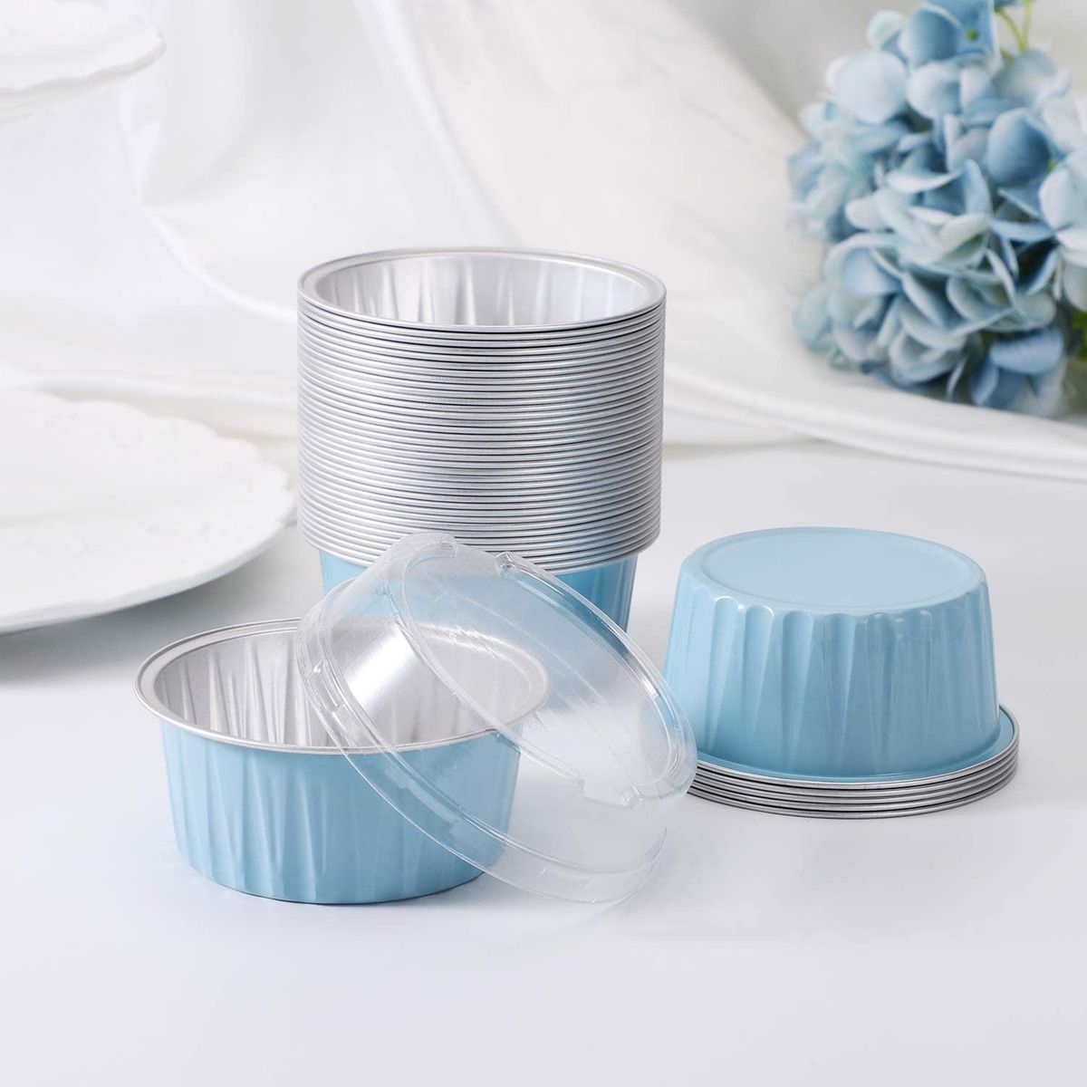 100Pcs 5Oz 125Ml Disposable Cake Baking Cups Muffin Liners Cups with Lids Aluminum Foil Cupcake Baking Cups-Blue