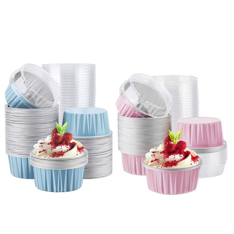 100Pcs 5Oz 125Ml Disposable Cake Baking Cups Muffin Liners Cups with Lids Aluminum Foil Cupcake Baking Cups-Blue