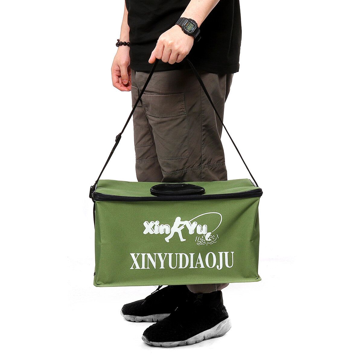 (GREEN/BLUE) Thickened-Canvas Waterproof Portable Foldable Bucket Folding Tank Live Fish Bait Storage Box Water Basin For Camping Green