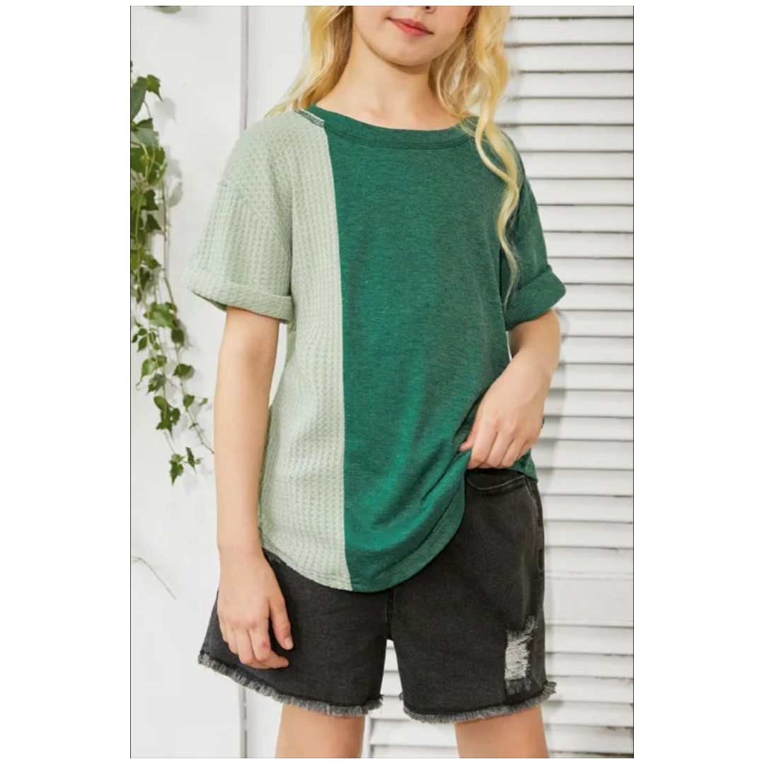 Mfed Green Girls Patchwork Short Sleeve Waffle  Knit Top