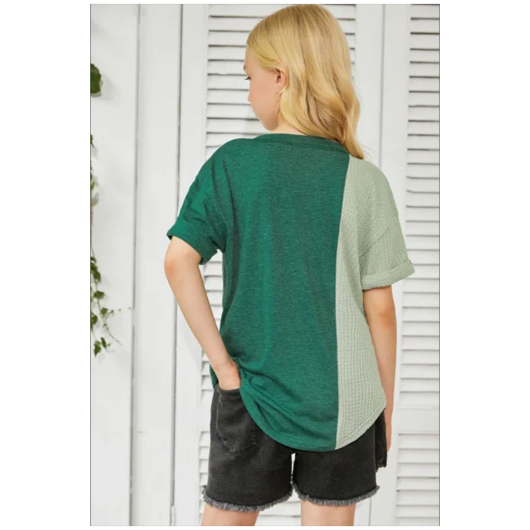 Mfed Green Girls Patchwork Short Sleeve Waffle  Knit Top