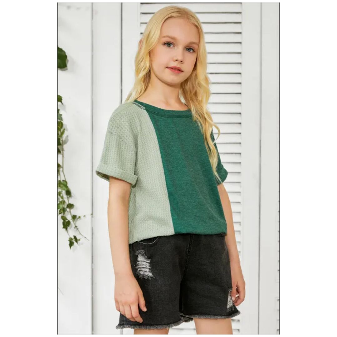 Mfed Green Girls Patchwork Short Sleeve Waffle  Knit Top