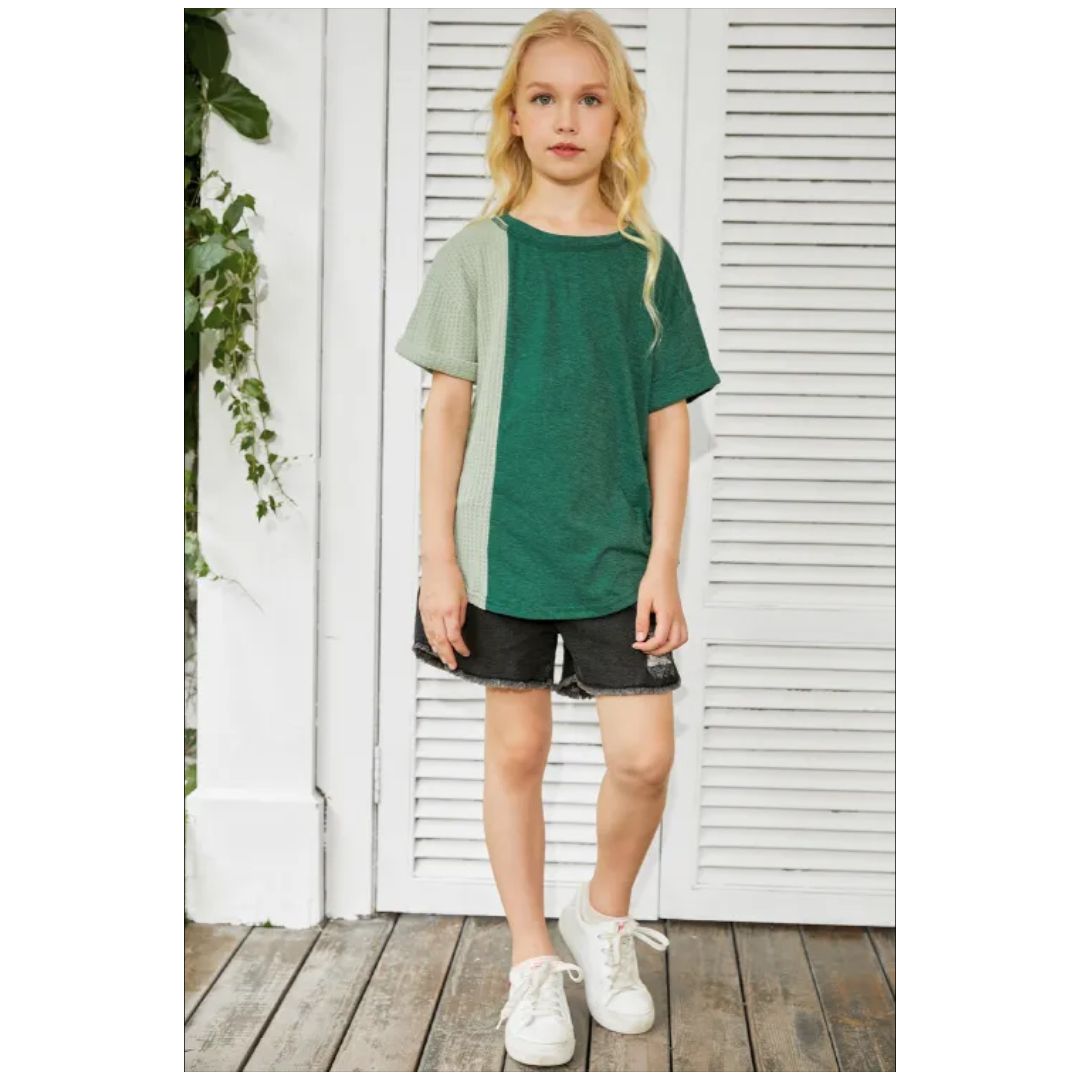 Mfed Green Girls Patchwork Short Sleeve Waffle  Knit Top