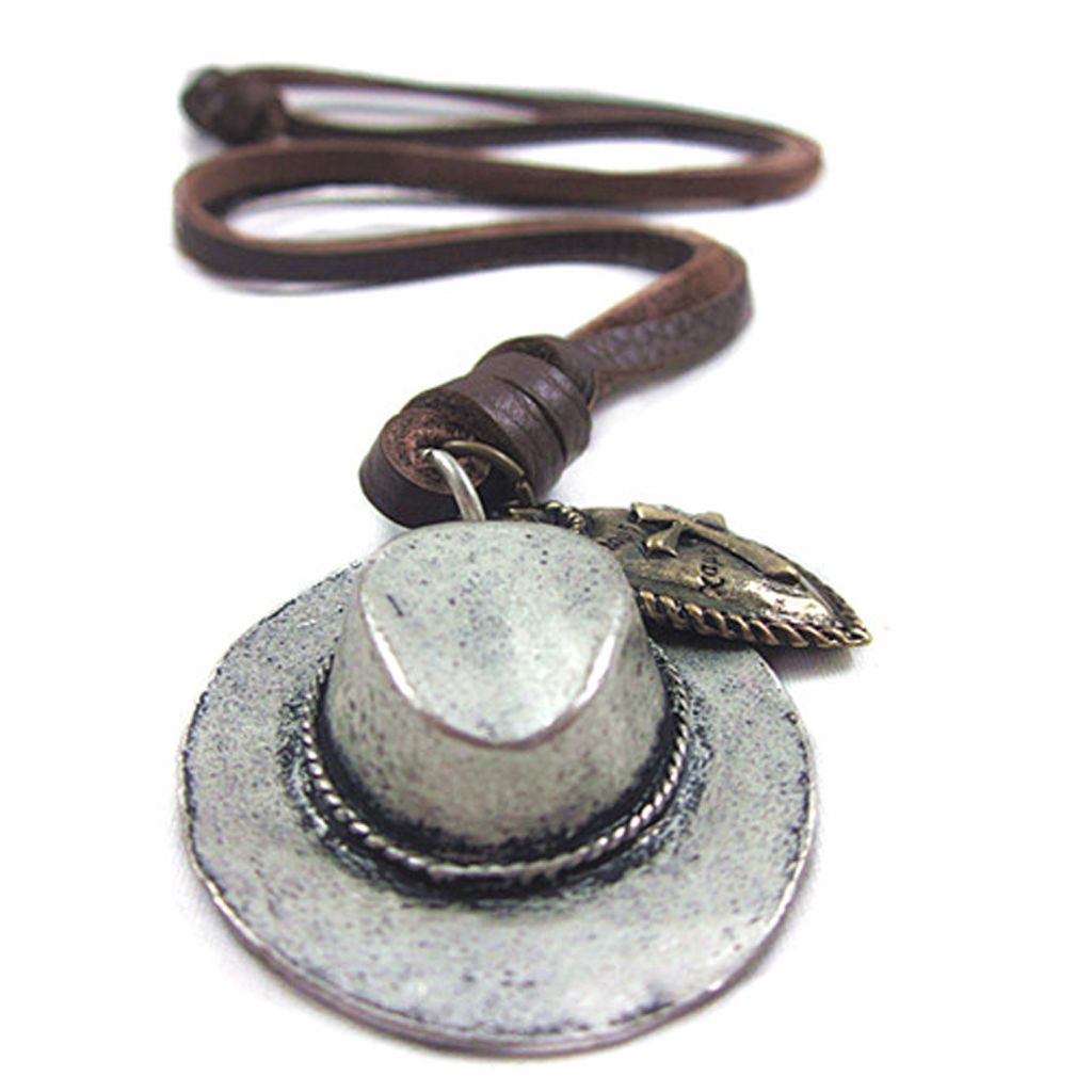 Mens Cowboy Hat Cross Heart Charm Pendant Leather Cord Necklace Punk