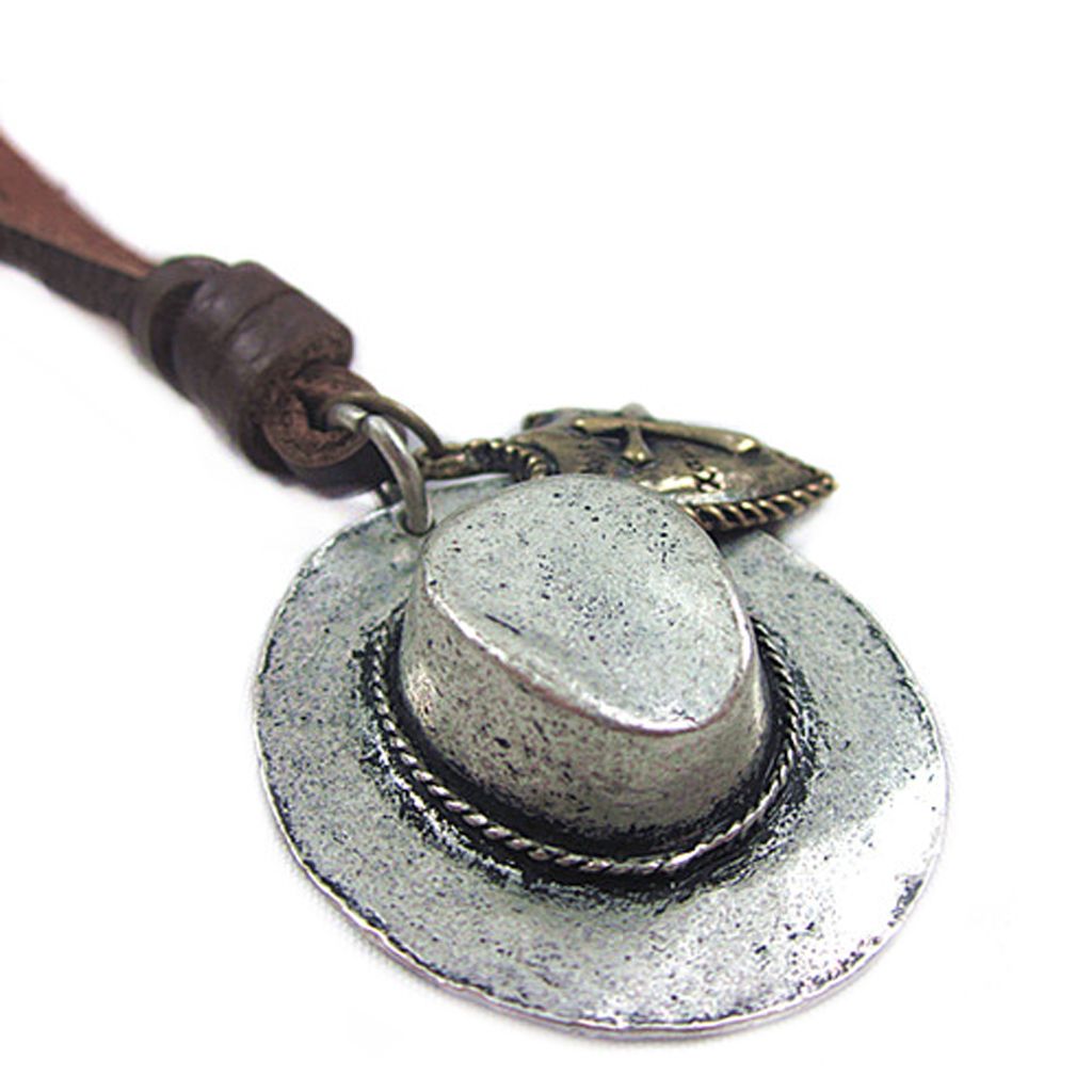 Mens Cowboy Hat Cross Heart Charm Pendant Leather Cord Necklace Punk
