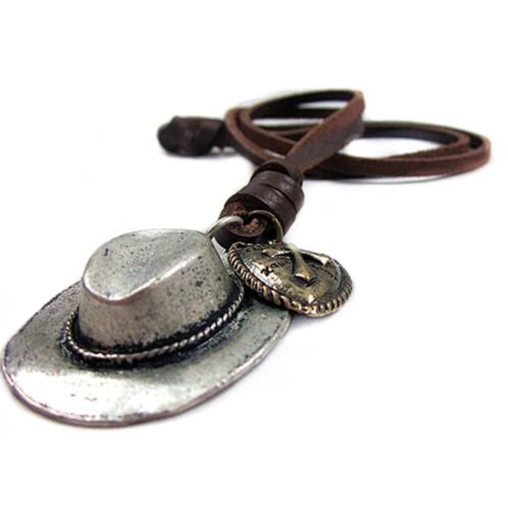 Mens Cowboy Hat Cross Heart Charm Pendant Leather Cord Necklace Punk