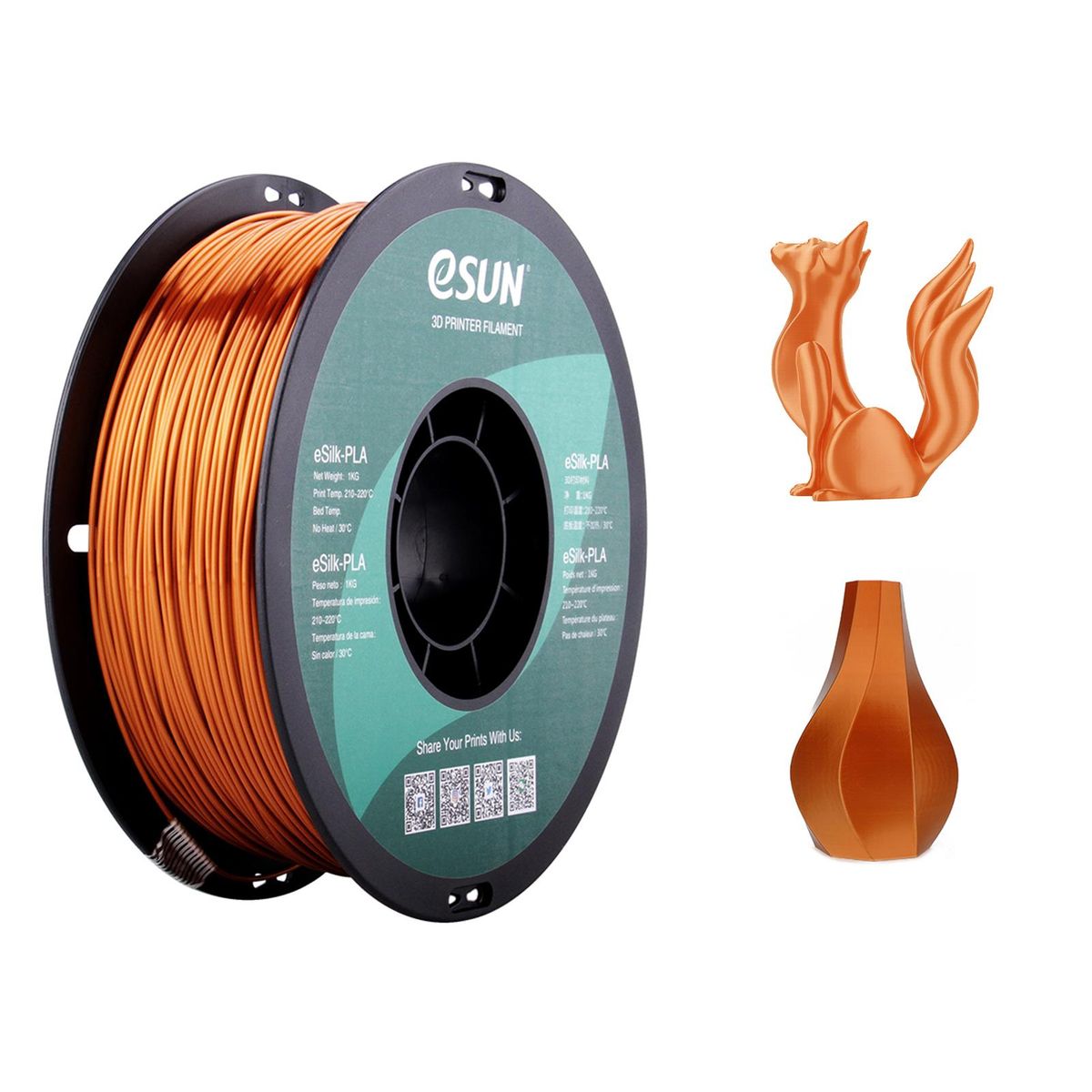 eSUN 3D Printer Silk Shiny PLA Filament 1.75mm Metalic Silk Gold /Silver /Copper Filament Dimensional Accuracy +/- 0.05mm 1KG Spool (2.2 LBS)  Eco-Friendly Printing Consumables Compatible with Creality Artillery Anycubic