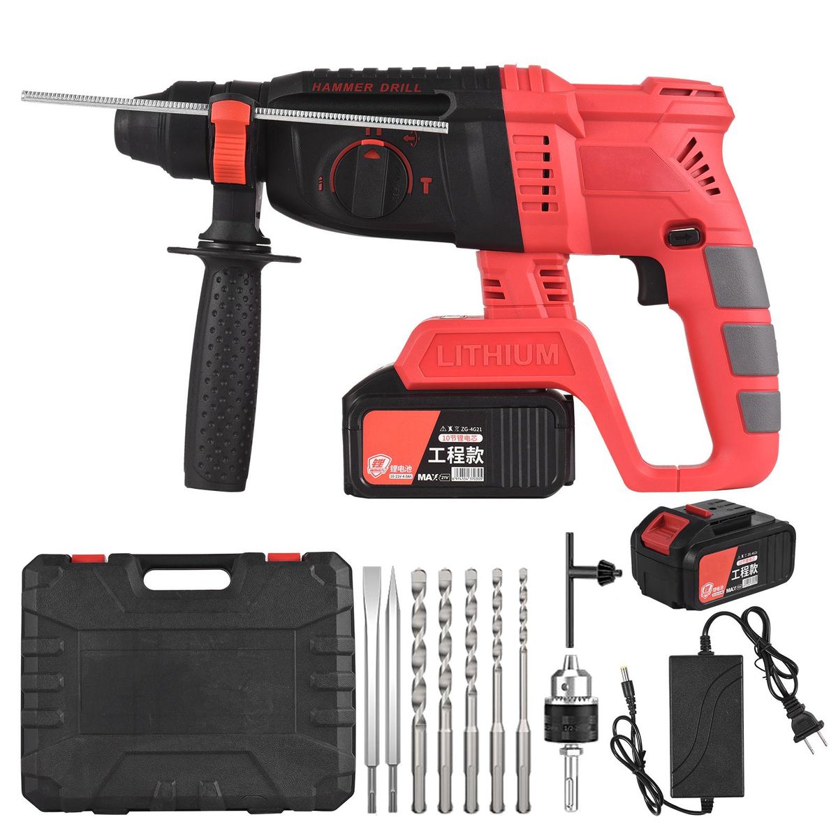 21V Cordless Brushless Rotary Hammer Drill with Carry Box 3 in 1 Hammer Drill Electric Breaker Power Drill with Adjustable Auxiliary Handle Depth Gauge 4.0Ah Battery Fast Charger Collet Drill Bits Chisels 980RPM Variable Spee