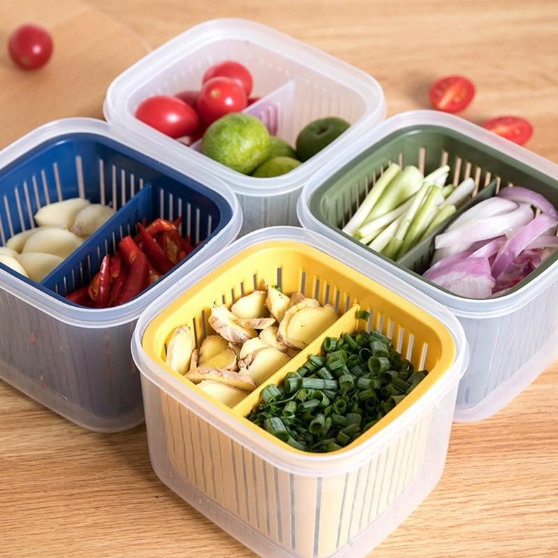 4Pcs Drain Fresh Box Compartmentalized Green Onion Storage Box Kitchen Sealed Box Refrigerator Fresh-Keeping Storage Box