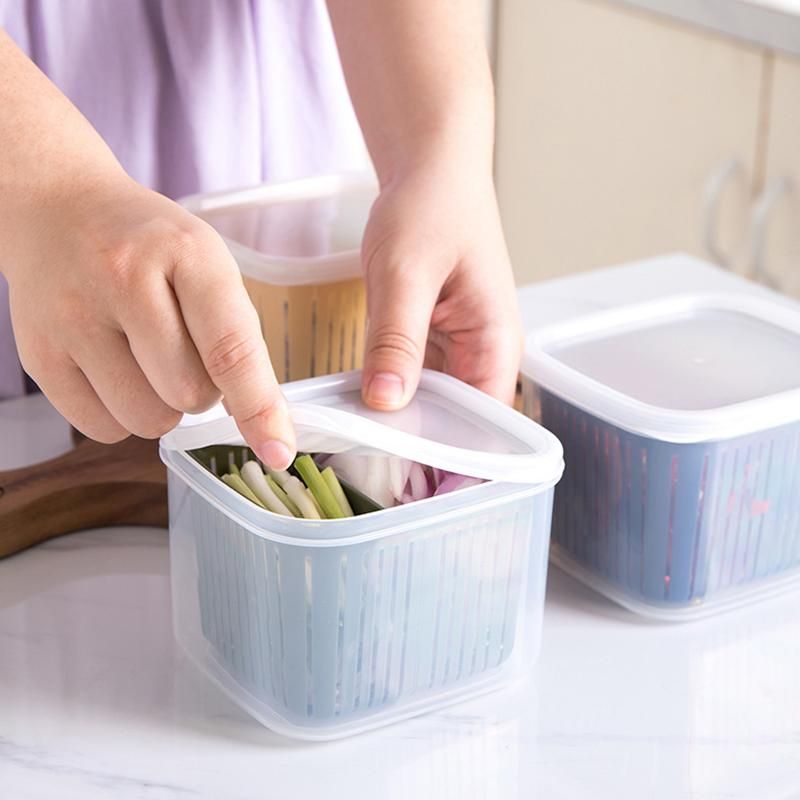 4Pcs Drain Fresh Box Compartmentalized Green Onion Storage Box Kitchen Sealed Box Refrigerator Fresh-Keeping Storage Box