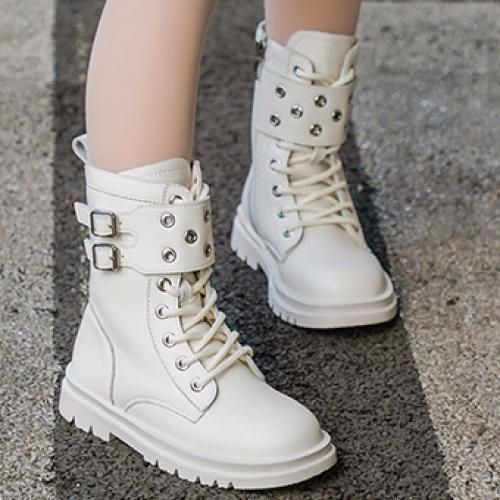 Girls Boots Fifth Children's Leather Short Boots-White