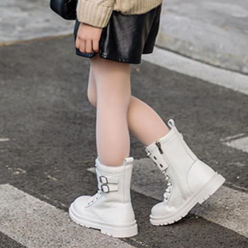 Girls Boots Fifth Children's Leather Short Boots-White