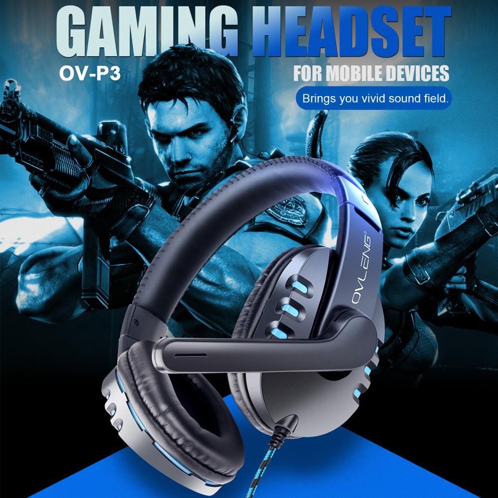 OVLENG OV-P3 3.5mm Wired Gaming Headset Portable Surround Sound Headset with Rotating Mic Replacement for PS4/Phone/Laptop/PC Black