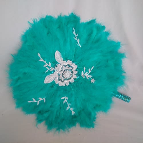 Alexie's Teal Green Feathers Bridal Handfan With White Details