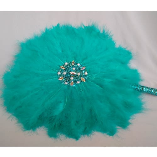 Alexie's Teal Green Feathers Bridal Handfan With White Details