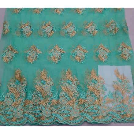 Embroidered And Bedazzled Mint Green & Gold Lace - 4 Yards