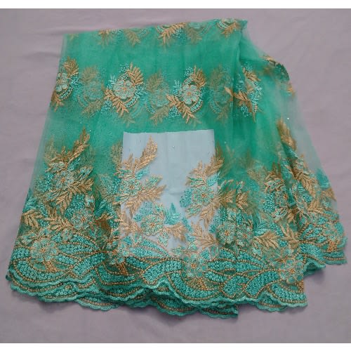 Embroidered And Bedazzled Mint Green & Gold Lace - 4 Yards
