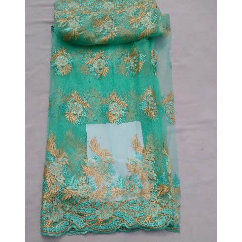 Embroidered And Bedazzled Mint Green & Gold Lace - 4 Yards