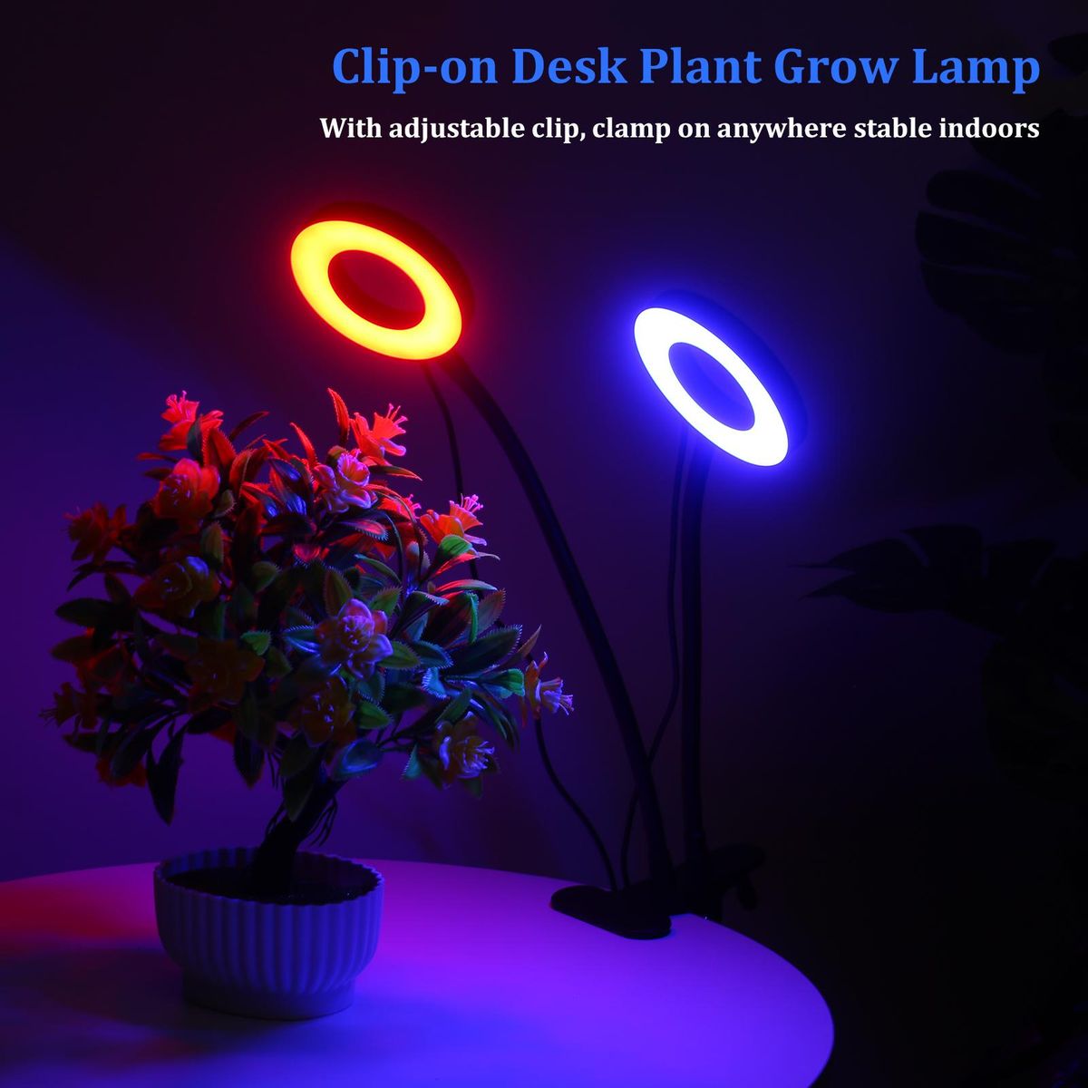Dual Head LED Grow Ring Light for Indoor Plants Red & Blue Spectrum USB Powered Clip-on Desk Plant Growing Lamps with Flexible Metal Hose for Succulent Plants Seedlings Flowers