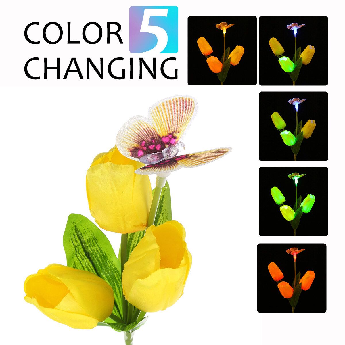 2PCS Multi- Changing Tulip Solar Garden Light Flowers & Butterfly Outdoor Decorative Stake LED Lights For Patio Yard Lawn Pathway Yellow 2PCS
