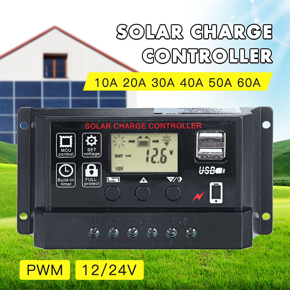 12/24V Adjustable Solar Charge Controller LCD Panel Regulator Dual 60A