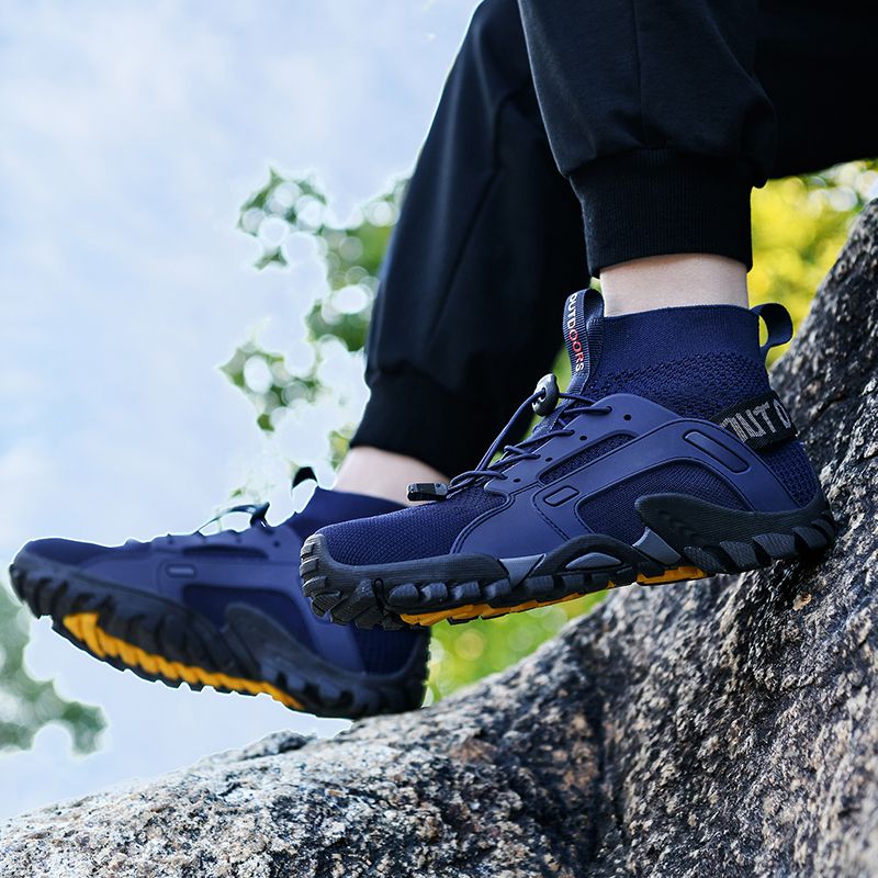 Men's Fashion Outdoor Hiking & Trekking Shoes Big Size 38-48 High Quality Elastic Fabric+Microfiber Leather Breathable Climbing Mountain Sneakers Blue
