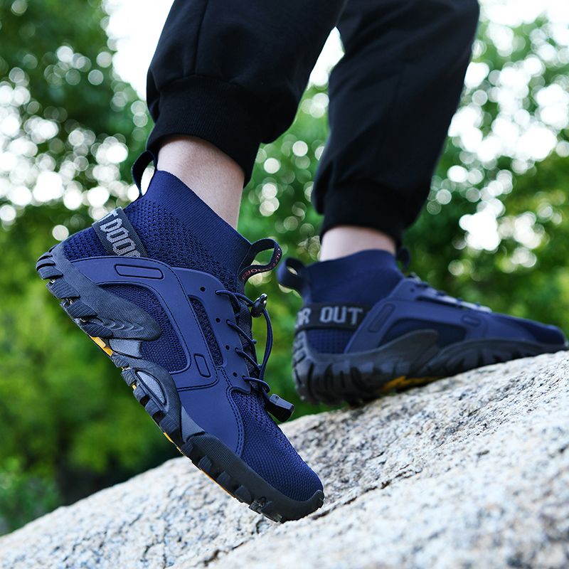 Men's Fashion Outdoor Hiking & Trekking Shoes Big Size 38-48 High Quality Elastic Fabric+Microfiber Leather Breathable Climbing Mountain Sneakers Blue