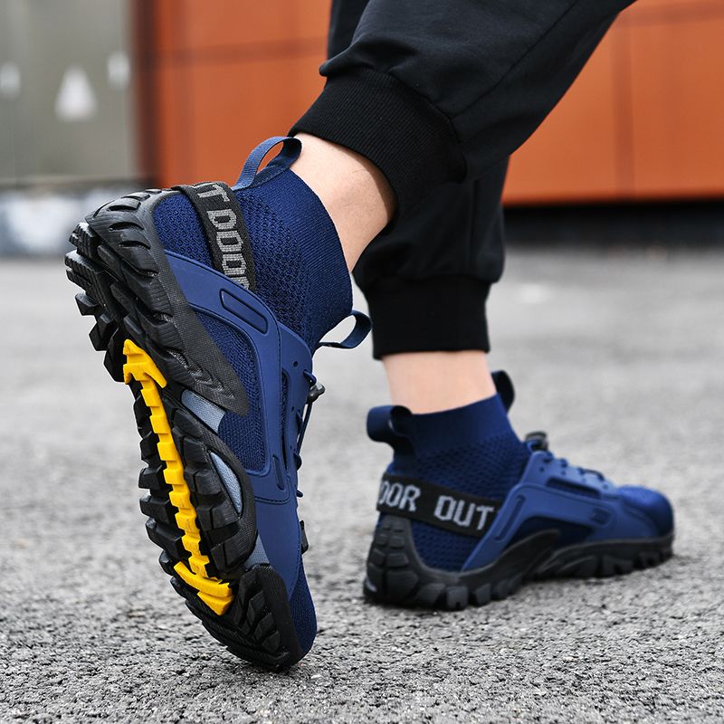 Men's Fashion Outdoor Hiking & Trekking Shoes Big Size 38-48 High Quality Elastic Fabric+Microfiber Leather Breathable Climbing Mountain Sneakers Blue