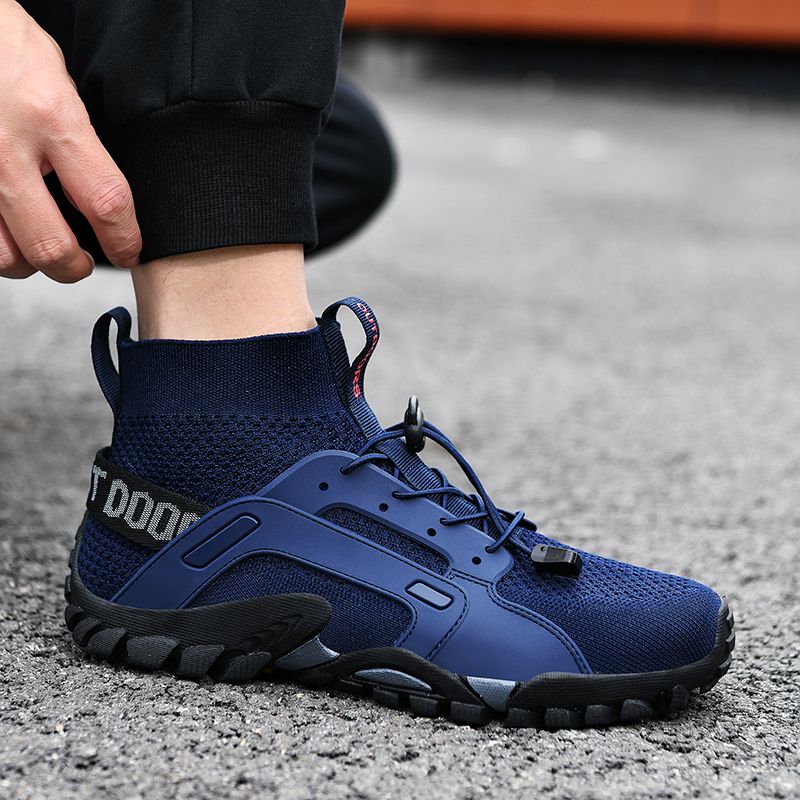 Men's Fashion Outdoor Hiking & Trekking Shoes Big Size 38-48 High Quality Elastic Fabric+Microfiber Leather Breathable Climbing Mountain Sneakers Blue
